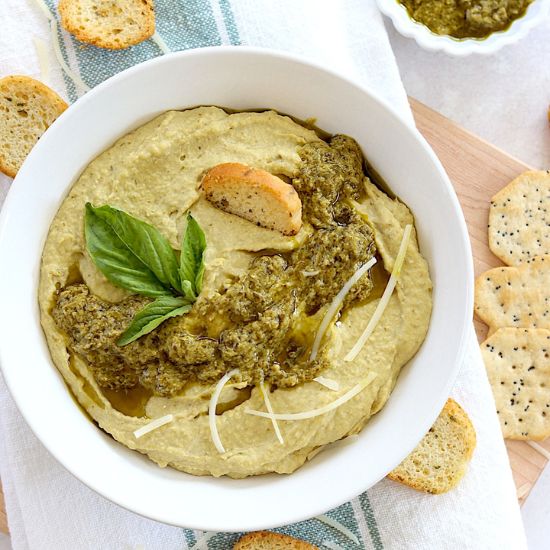 Creamy Basil Hummus with Pesto