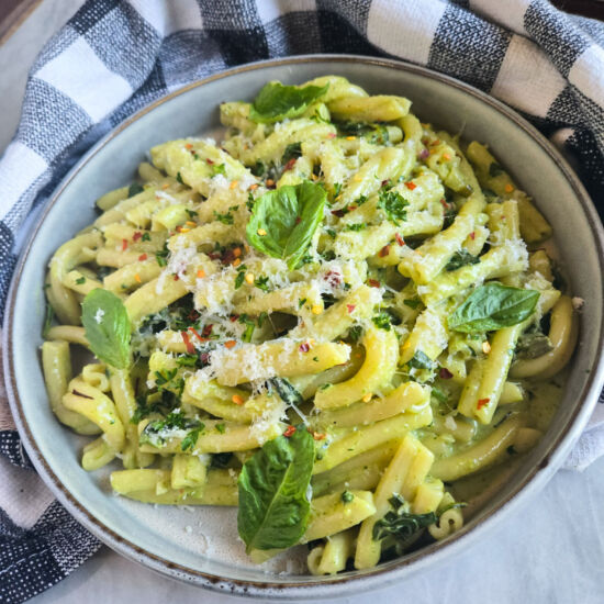Creamy Pesto Casarecce with Spinach