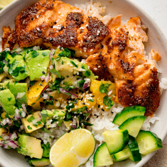 Salmon Bowls + Avocado/Orange Salsa