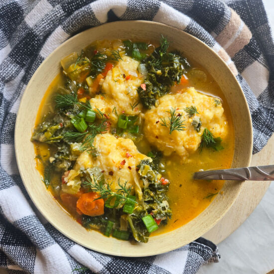 Veggie Drop Dumplin’ Soup with Kale