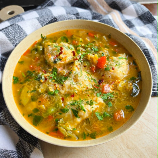 Spring Veg Drop Dumpling Soup