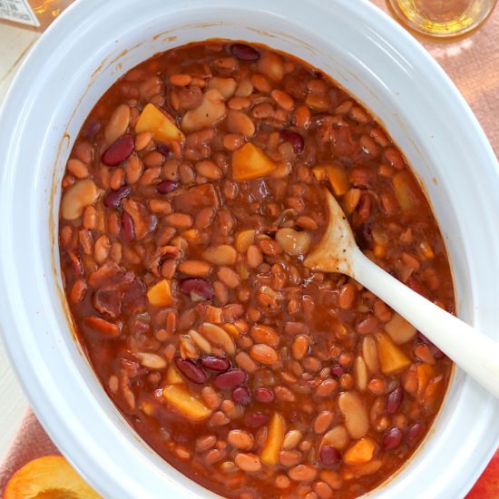 Crockpot Bourbon Peach Baked Beans