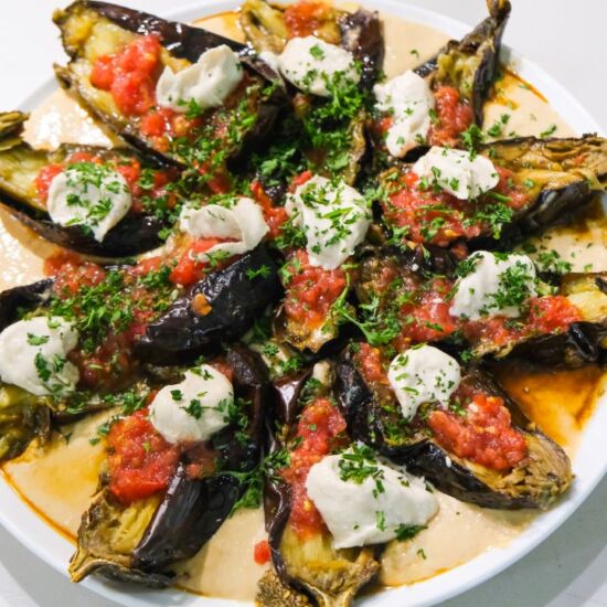 Roasted Eggplants on Hummus
